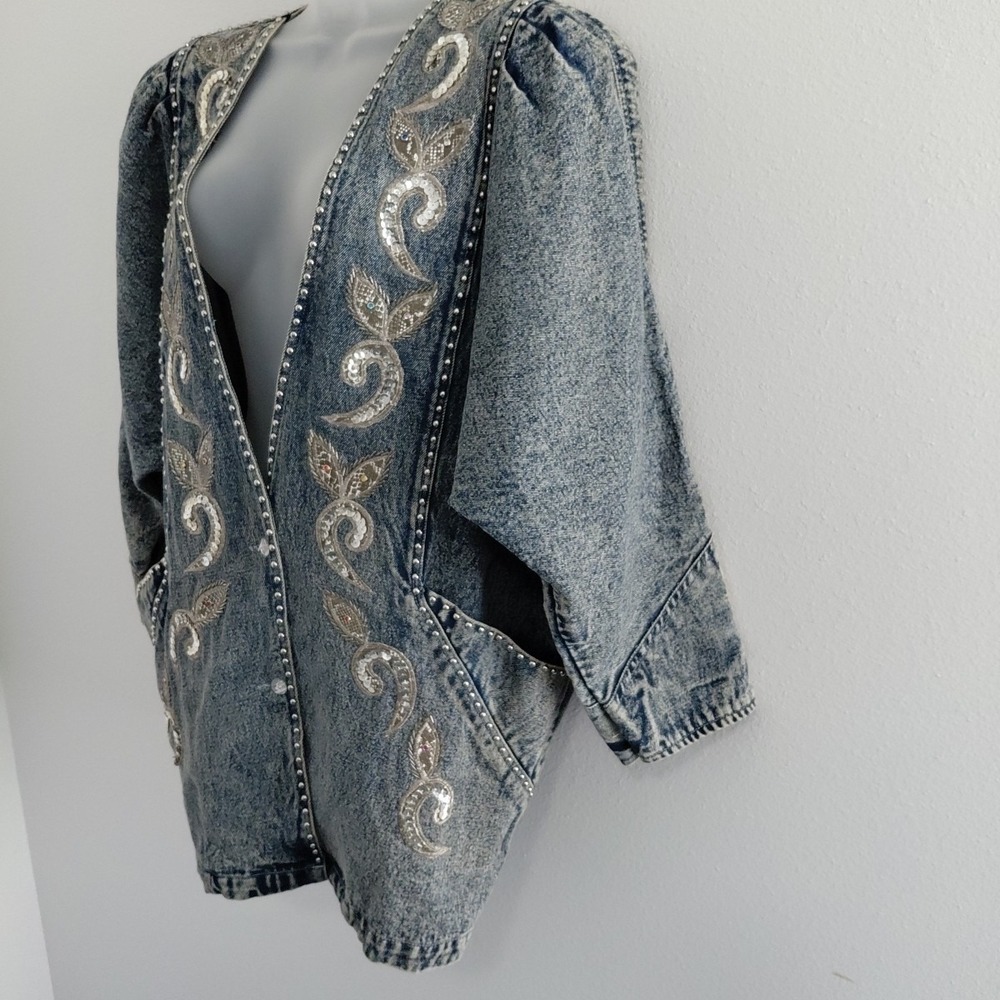 80's Bling Denim Jacket Womens Medium Acid Wash Deep V 90210 Preppy Retro Punk - Picture 4 of 16